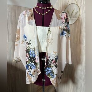 Floral Sheer Kimono Cream with Blue and Pink Accents